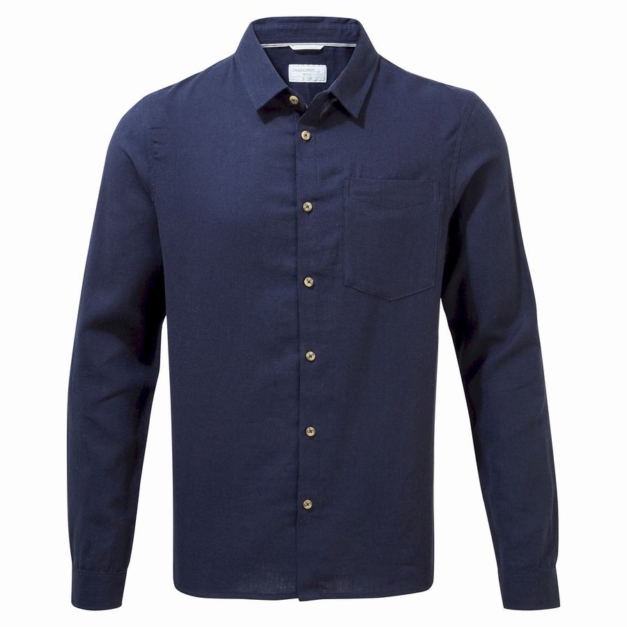 Blue Navy Craghoppers Nosibotanical Lagarto Long Sleeved Men's Shirts | OKY6577TG