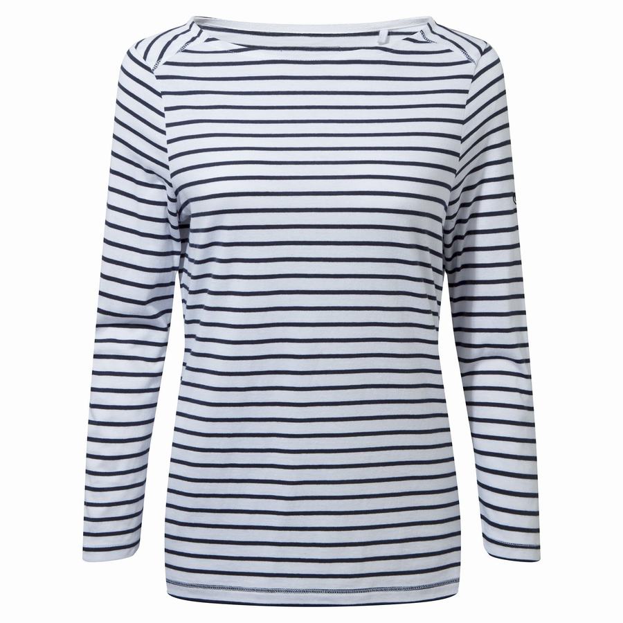 Blue Navy White Stripes Craghoppers Blanca 3/4 Sleeved Top Women's T-Shirts | OSS7142BH