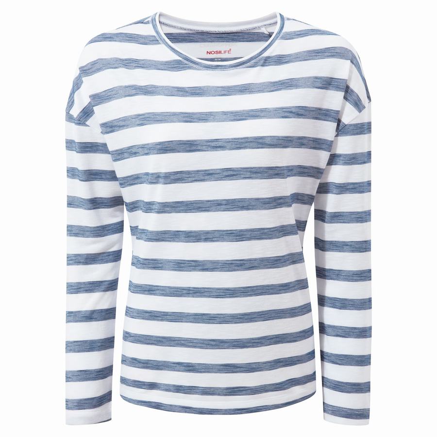 Blue Stripes Craghoppers NosiLife Cora Long Sleeved Women's T-Shirts | ZBH2373DA