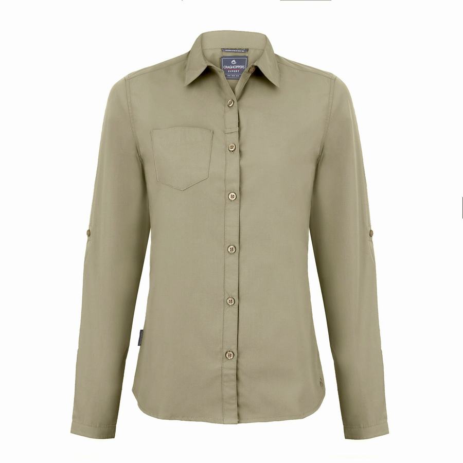 Khaki Craghoppers Expert Kiwi Long Sleeved Women's Shirts | DUA689TS