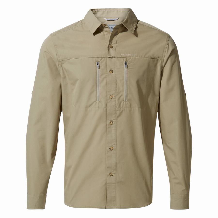 Khaki Craghoppers Kiwi Boulder Long Sleeved Men's Shirts | SMZ8066IL