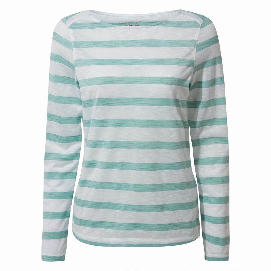 Turquoise Stripes Craghoppers NosiLife Erin Long Sleeved Women's T-Shirts | EPN1360UT