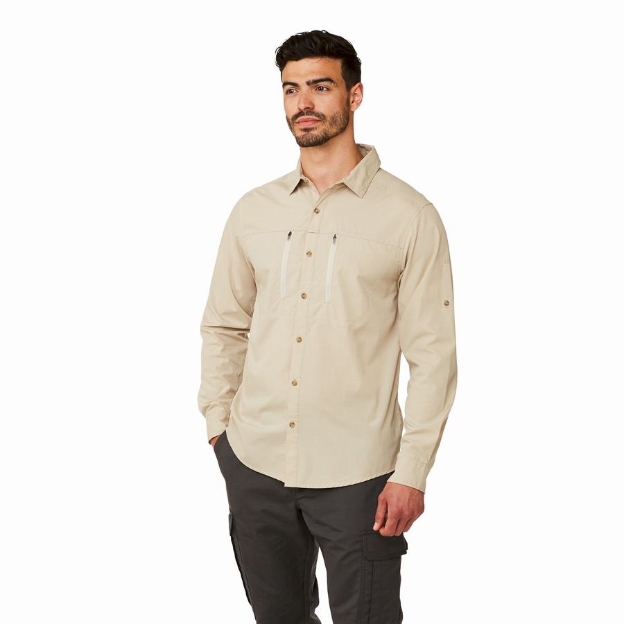 Beige Craghoppers Kiwi Boulder Long-Sleeved Men's Shirts | PRC5867DL