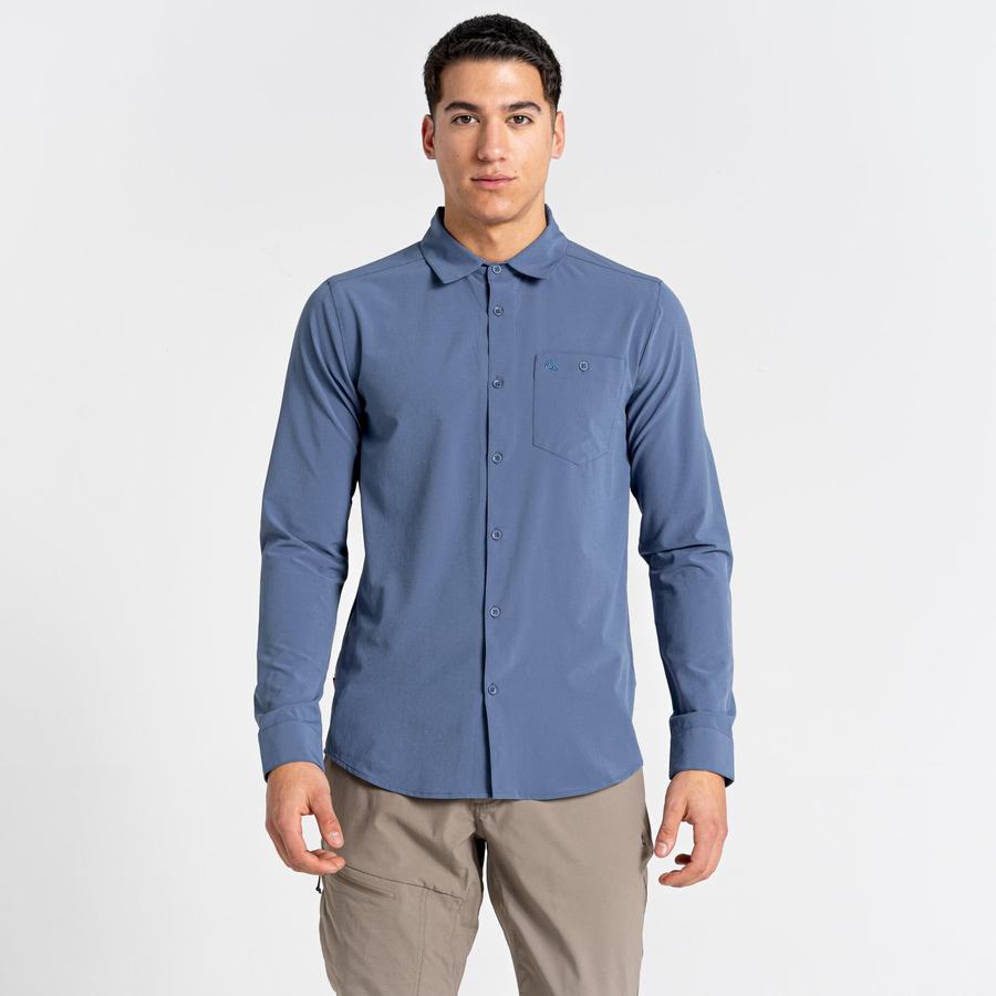 Blue Craghoppers NosiLife Hedley Long Sleeved Men's Shirts | FXW7880QN