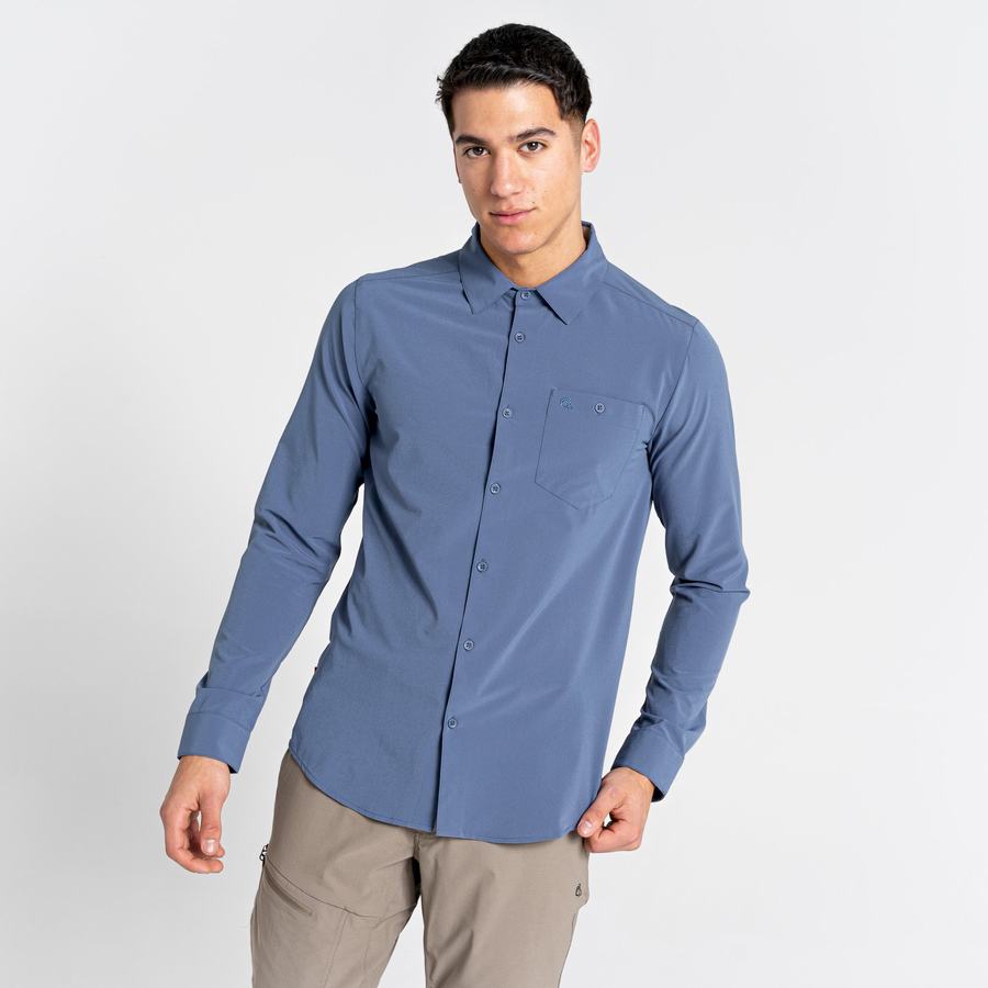 Blue Craghoppers NosiLife Hedley Long Sleeved Men's Shirts | FXW7880QN