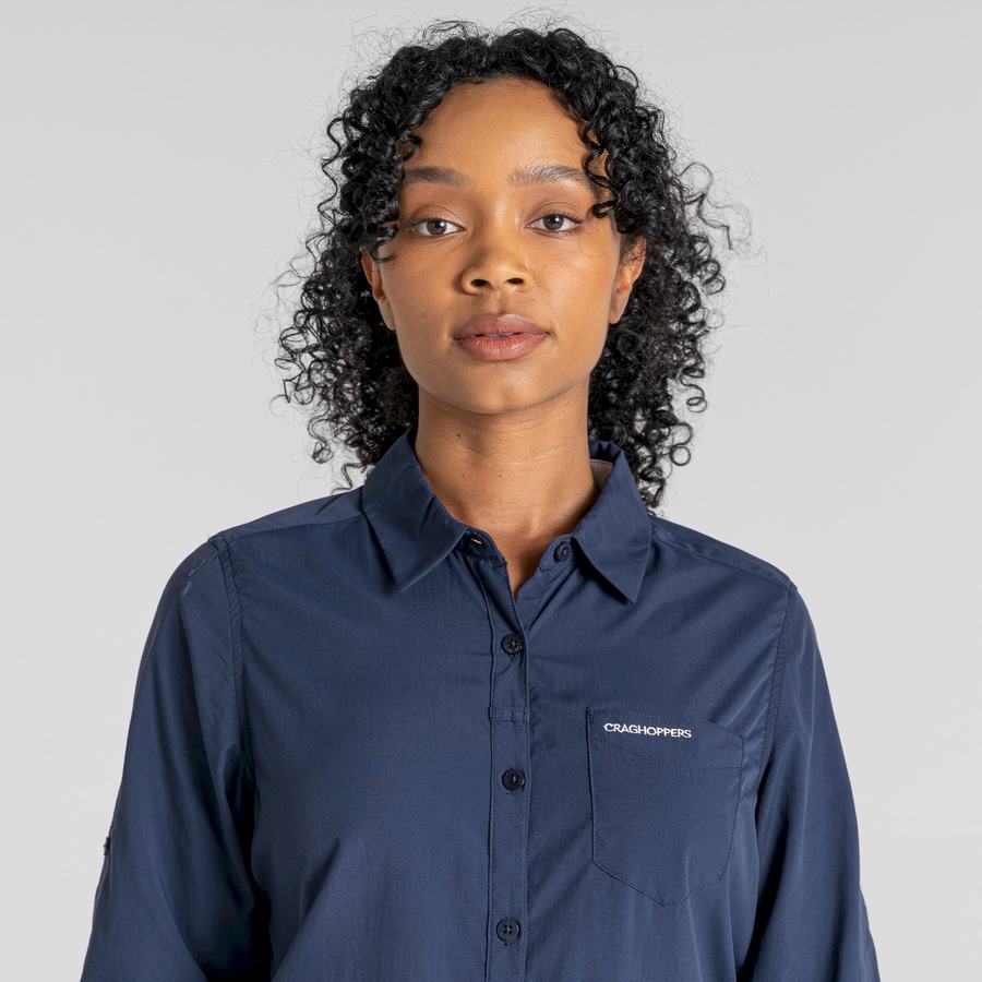 Blue Navy Craghoppers NosiLife Bardo Long Sleeved Women's Shirts | YET6628PE