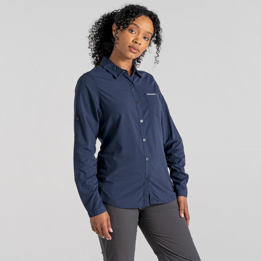 Blue Navy Craghoppers NosiLife Bardo Long Sleeved Women's Shirts | YET6628PE