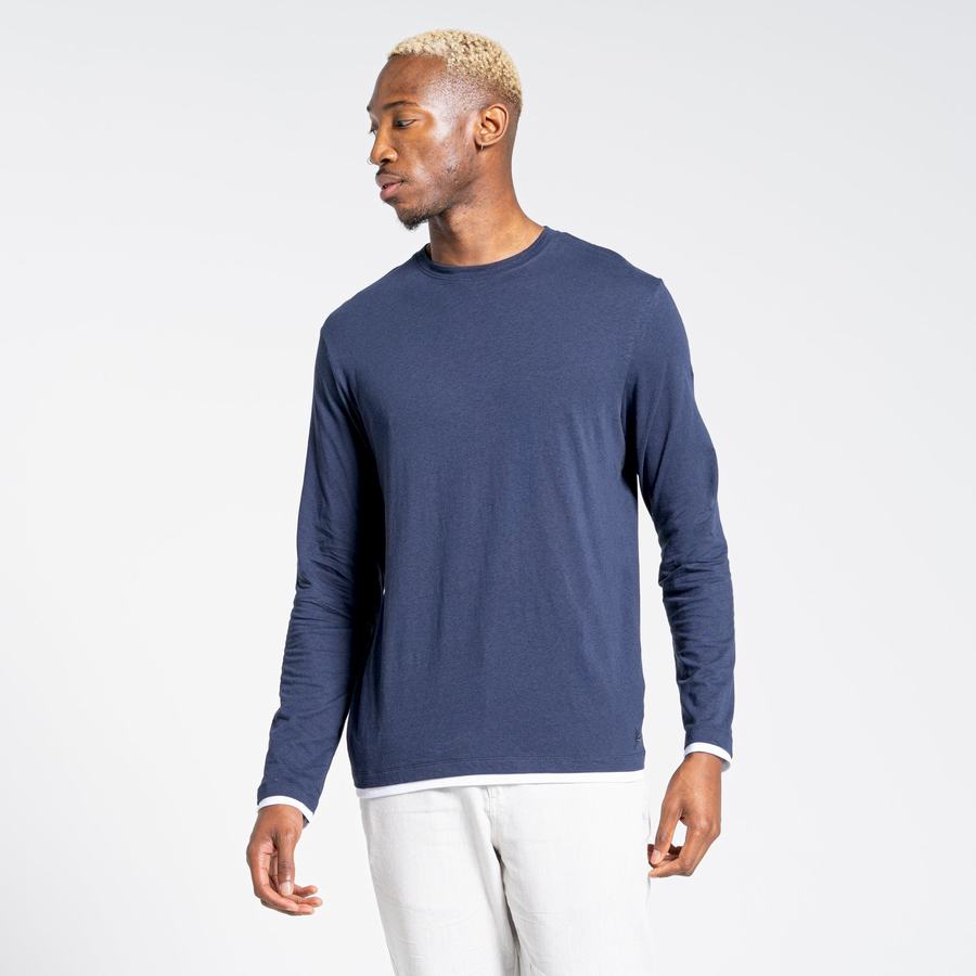 Blue Navy Craghoppers Nosibotanical Coulter Long Sleeved Men's T-Shirts | JJM732DM