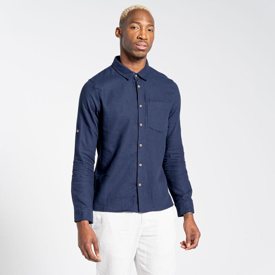 Blue Navy Craghoppers Nosibotanical Lagarto Long Sleeved Men's Shirts | OKY6577TG