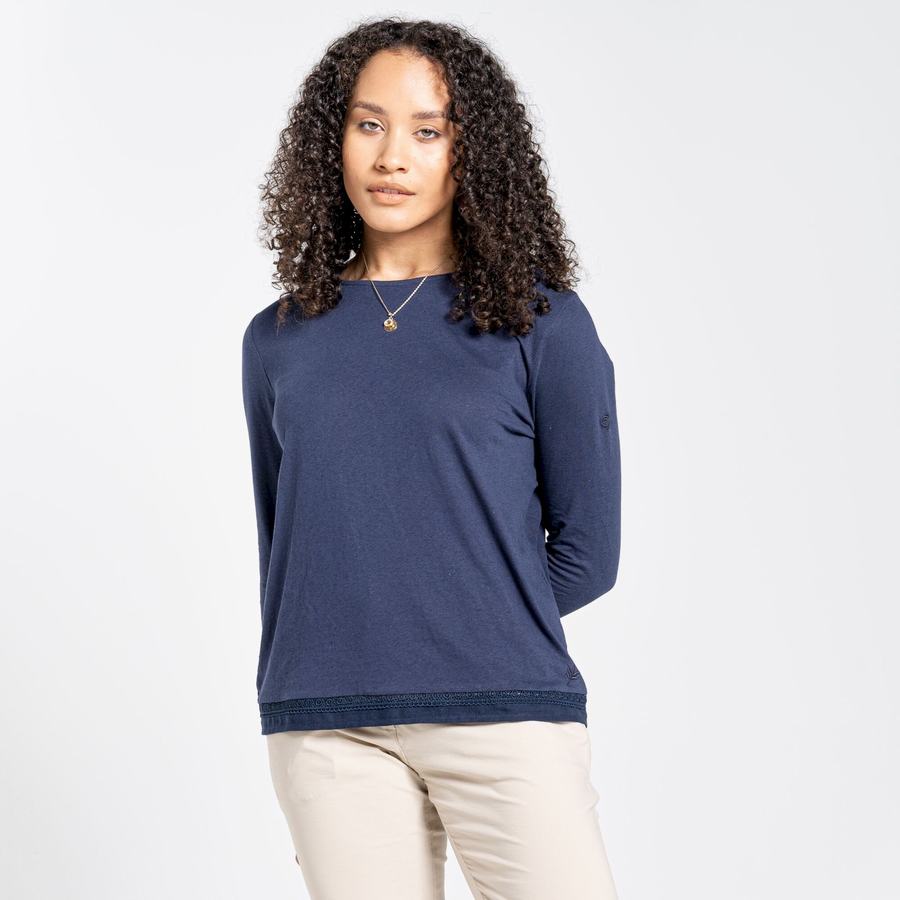 Blue Navy Craghoppers Nosibotanical Magnolia Long Sleeved Women's T-Shirts | VYW2197ZC