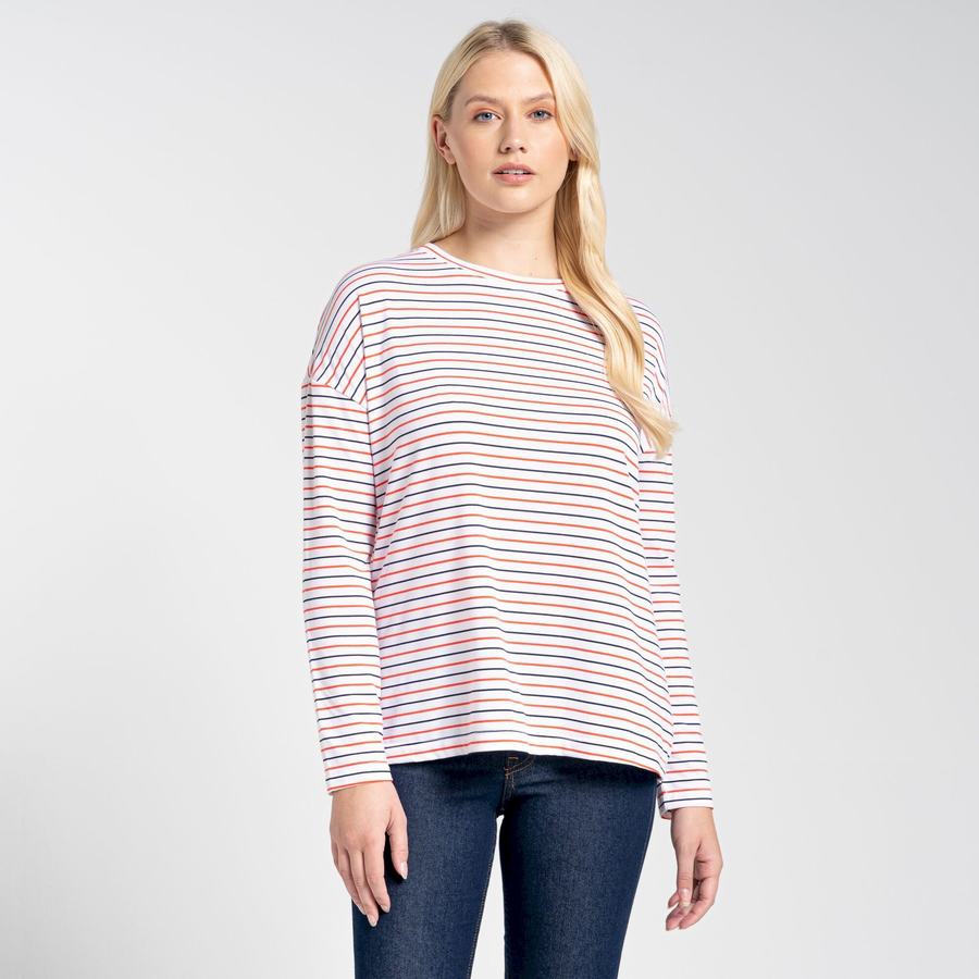 Blue Navy Orange Stripes Craghoppers NosiLife Cora Long Sleeved Women's T-Shirts | WCR388JN