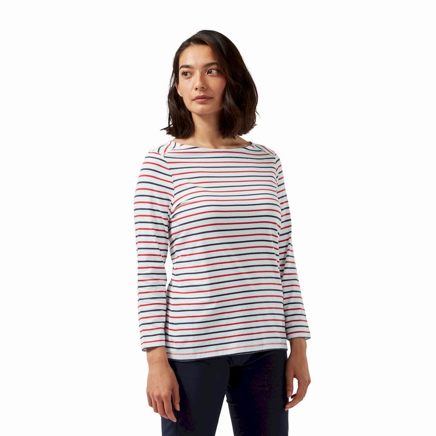 Blue Navy Red Stripes Craghoppers Blanca 3/4 Sleeved Top Women's T-Shirts | YGQ112IU