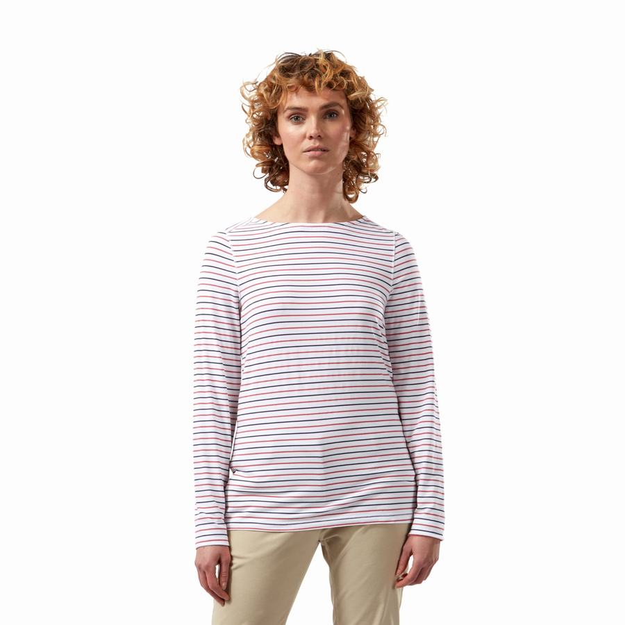 Blue Navy Red Stripes Craghoppers NosiLife Erin Long Sleeved Women's T-Shirts | WNQ4019AV