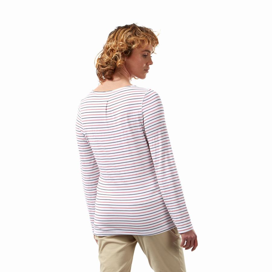 Blue Navy Red Stripes Craghoppers NosiLife Erin Long Sleeved Women's T-Shirts | WNQ4019AV