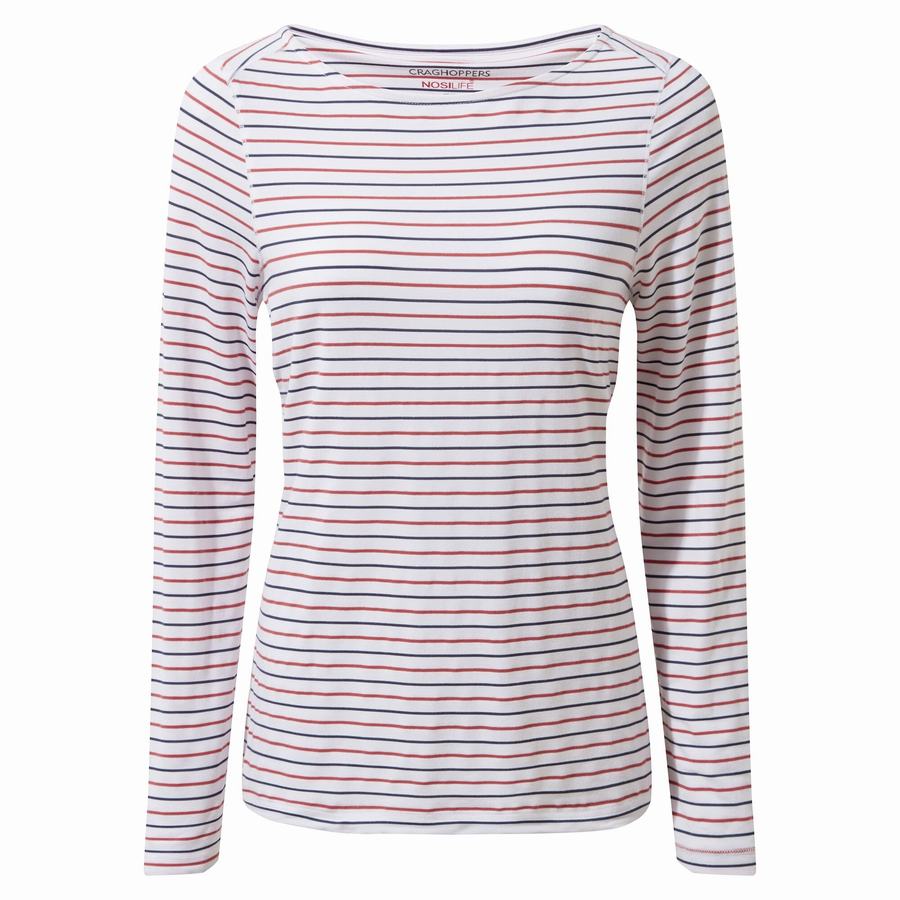 Blue Navy Red Stripes Craghoppers NosiLife Erin Long Sleeved Women's T-Shirts | WNQ4019AV