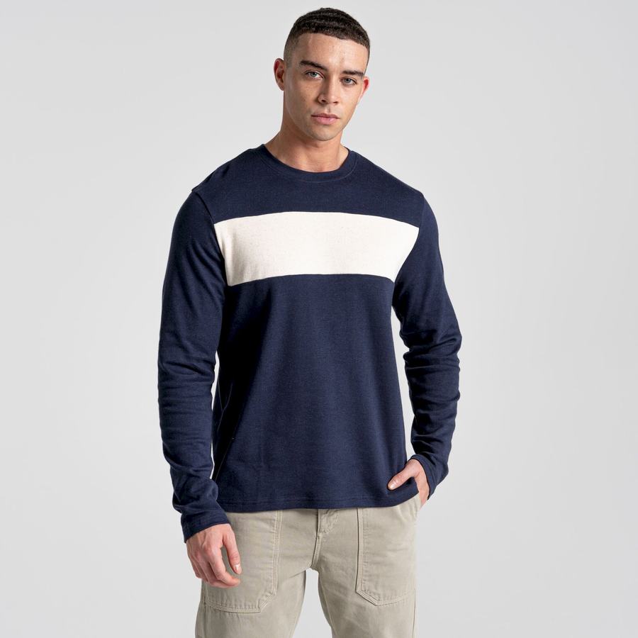 Blue Navy Stripes Craghoppers Latherton Long Sleeved Men's T-Shirts | CPI3779EI