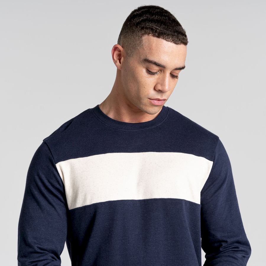 Blue Navy Stripes Craghoppers Latherton Long Sleeved Men's T-Shirts | CPI3779EI