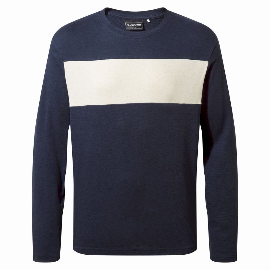 Blue Navy Stripes Craghoppers Latherton Long Sleeved Men's T-Shirts | CPI3779EI