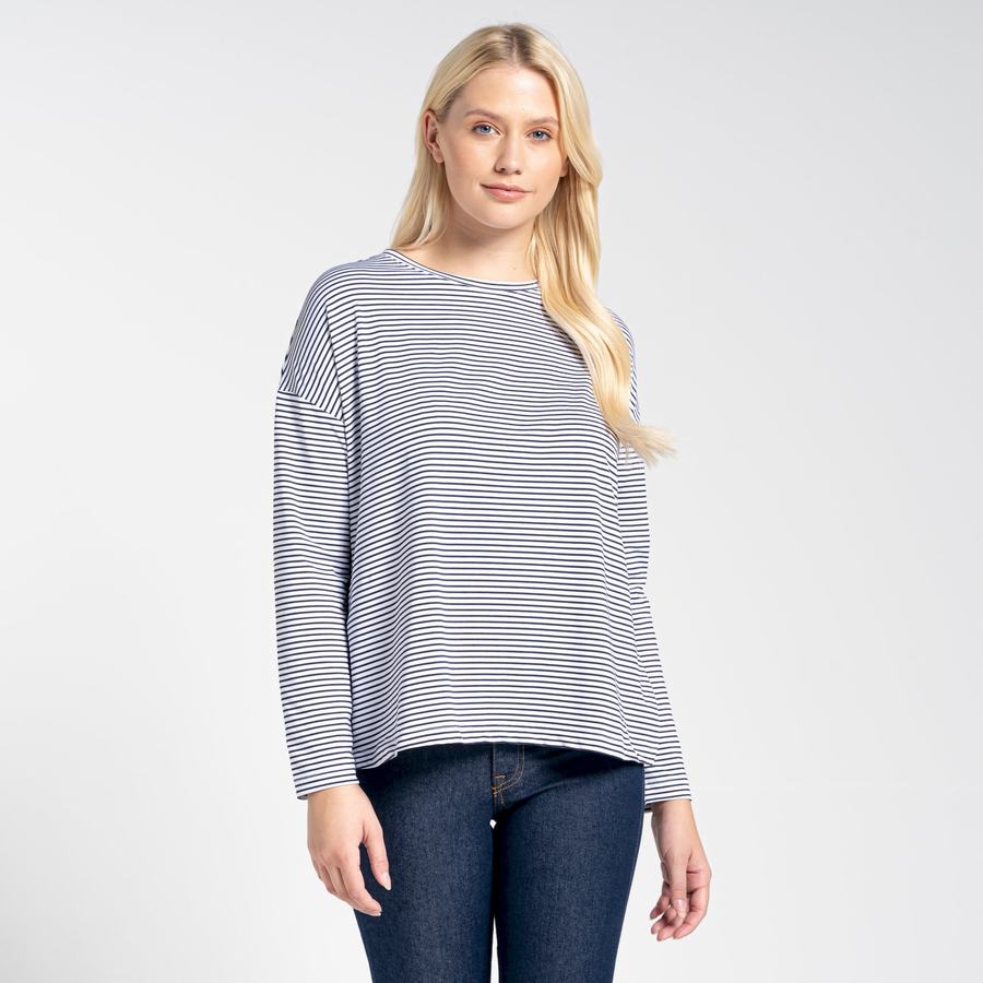 Blue Navy Stripes Craghoppers NosiLife Cora Long Sleeved Women's T-Shirts | KER5019TA