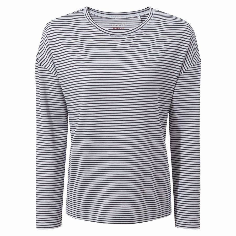 Blue Navy Stripes Craghoppers NosiLife Cora Long Sleeved Women's T-Shirts | KER5019TA