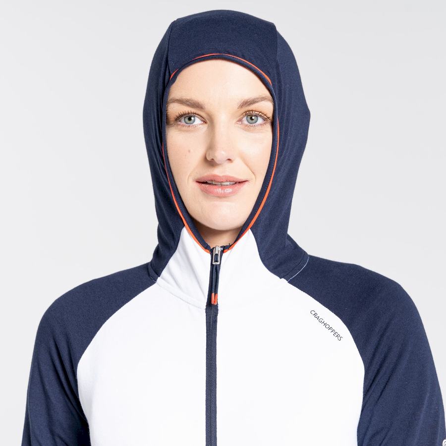 Blue Navy White Craghoppers NosiLife Milanta Hooded Women's T-Shirts | QUG9272CO