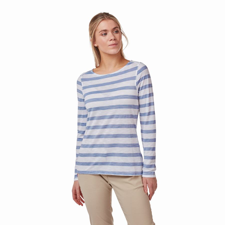 Blue Stripes Craghoppers NosiLife Erin Long Sleeved Women's T-Shirts | ERT86100PN