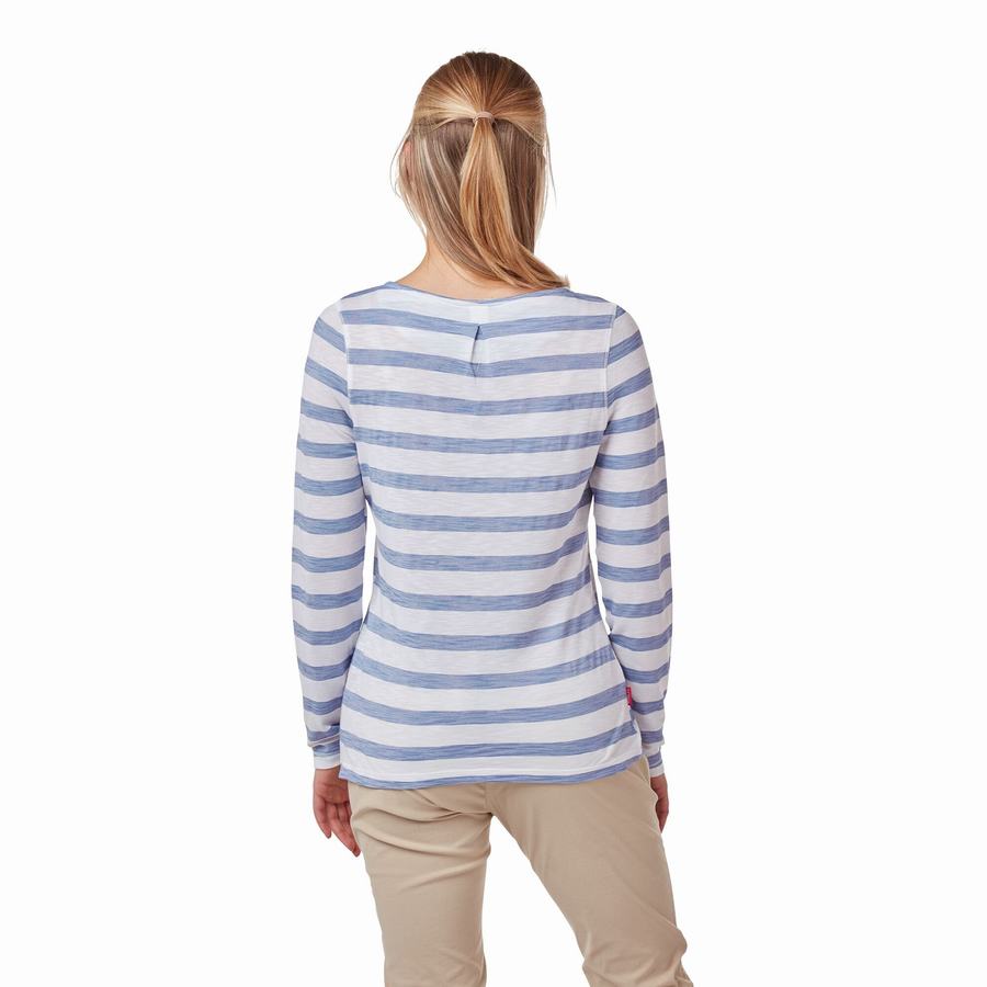 Blue Stripes Craghoppers NosiLife Erin Long Sleeved Women's T-Shirts | ERT86100PN