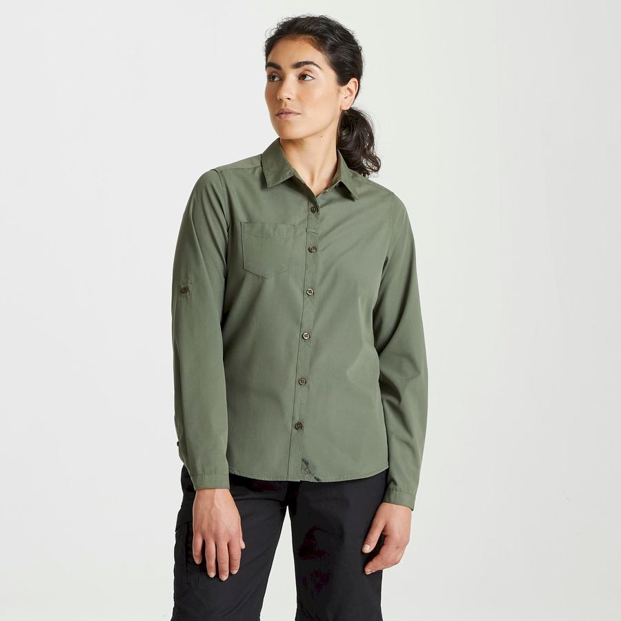 Dark Green Craghoppers Expert Kiwi Long Sleeved Women's Shirts | NBG719LJ