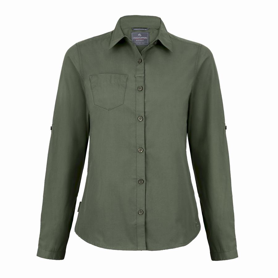 Dark Green Craghoppers Expert Kiwi Long Sleeved Women's Shirts | NBG719LJ