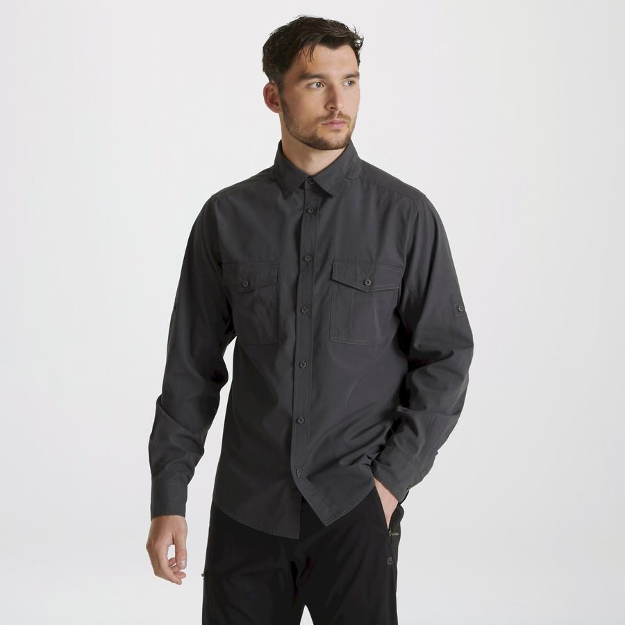 Dark Grey Craghoppers Expert Kiwi Long Sleeved Men's Shirts | DXE9848RS