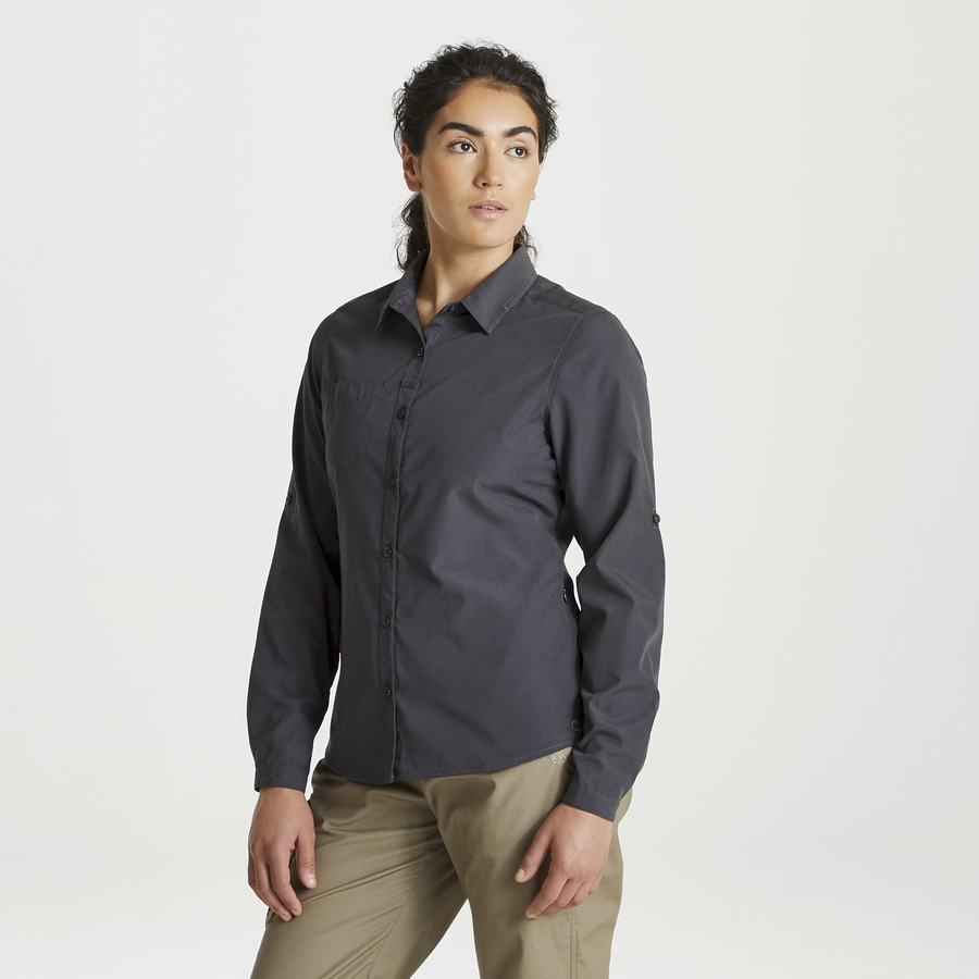 Dark Grey Craghoppers Expert Kiwi Long Sleeved Women's Shirts | EAO9243DC