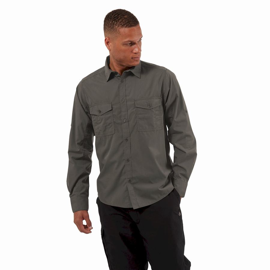 Dark Grey Craghoppers Kiwi Long Sleeved Men's Shirts | RRM3787TX