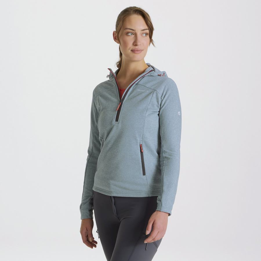 Green Grey Craghoppers Dynamic Hooded Half Zip Women's T-Shirts | REM10070FU