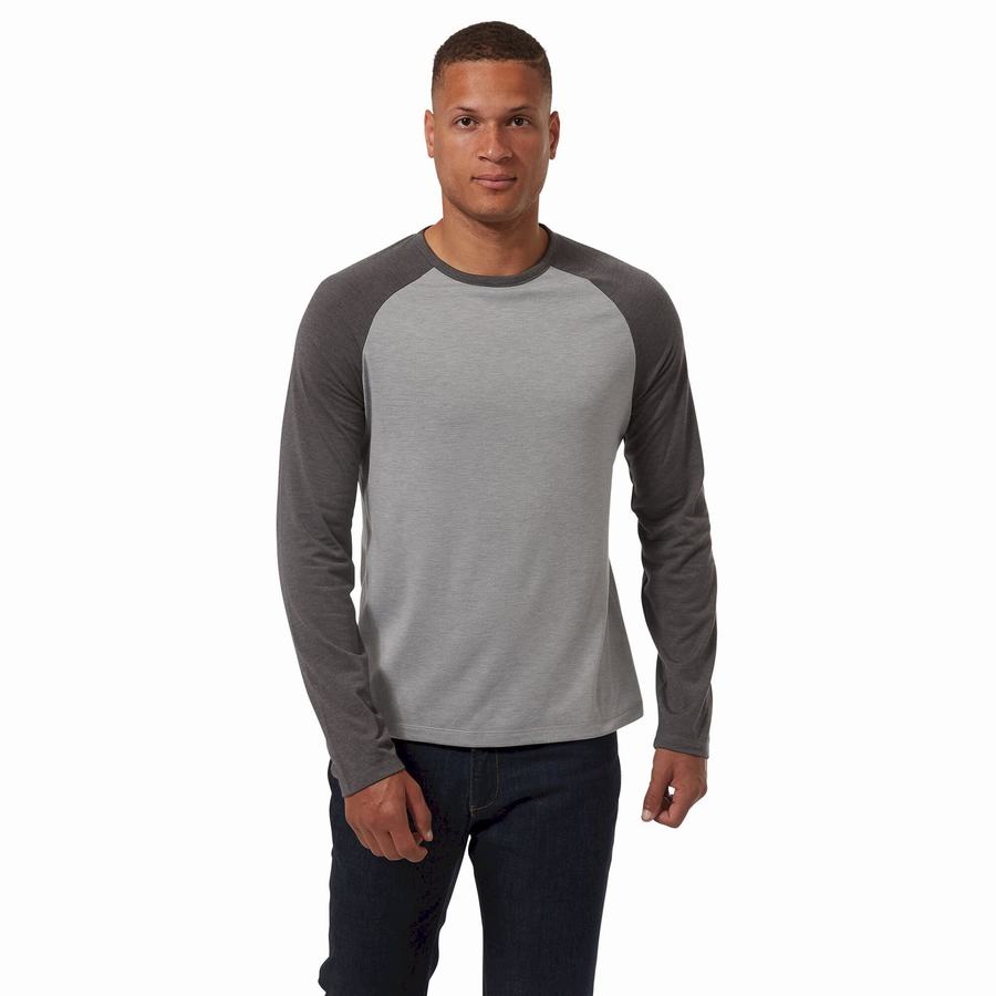 Grey Black Craghoppers First Layer Long-Sleeved Men's T-Shirts | YFJ1853XA