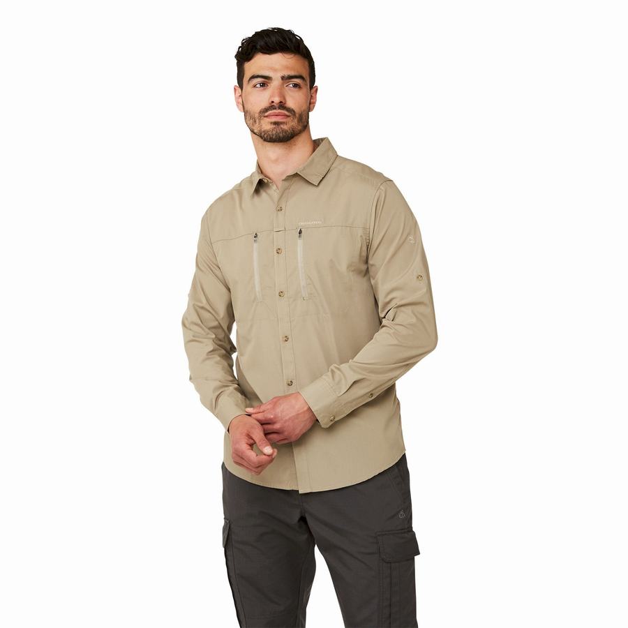 Khaki Craghoppers Kiwi Boulder Long Sleeved Men's Shirts | SMZ8066IL