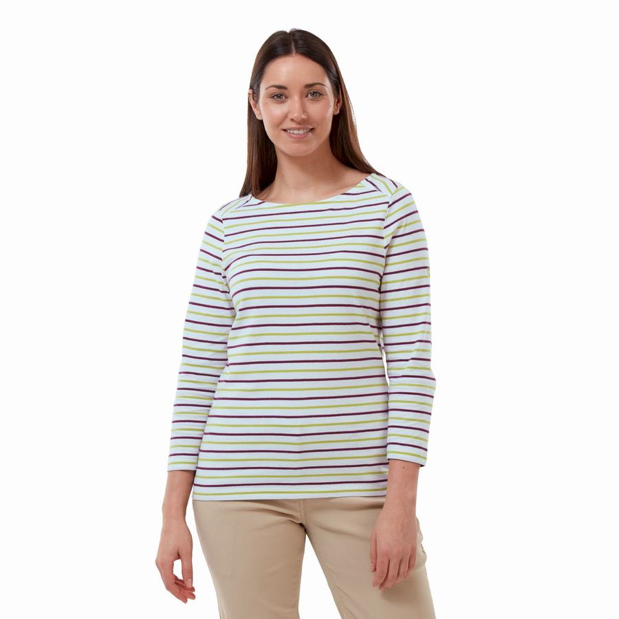 Light Green Stripes Craghoppers Blanca 3/4 Sleeved Top Women\'s T-Shirts | DZN1788PX