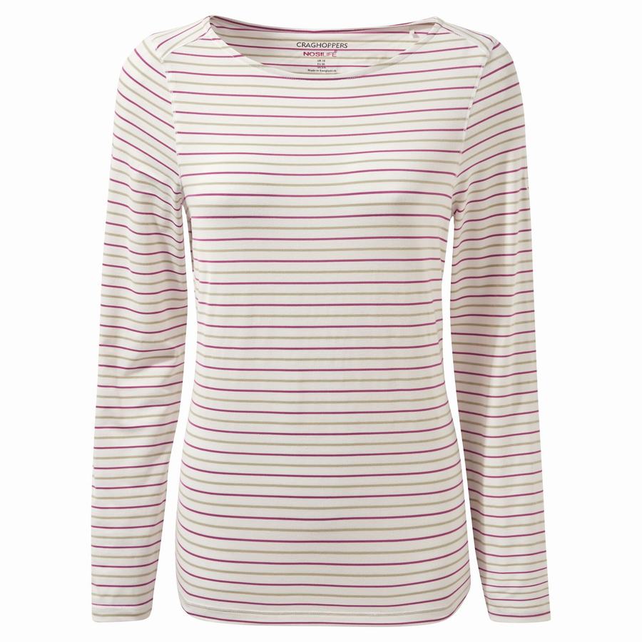 Light Green Stripes Craghoppers NosiLife Erin Long Sleeved Women's T-Shirts | PSV4416BH