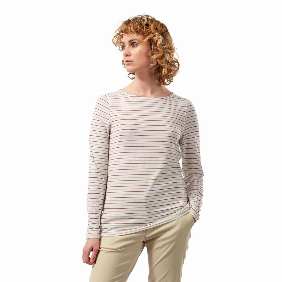 Light Green Stripes Craghoppers NosiLife Erin Long Sleeved Women's T-Shirts | PSV4416BH