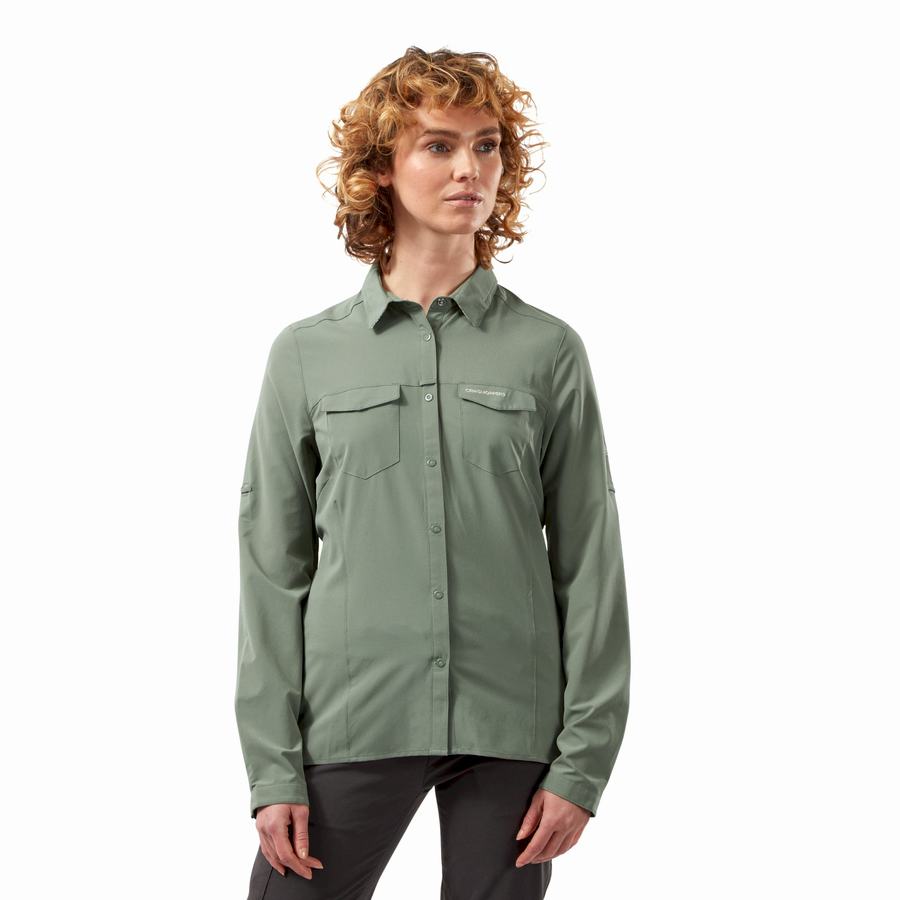 Olive Craghoppers NosiLife Pro III Long Sleeved Women's Shirts | QAH9248BI