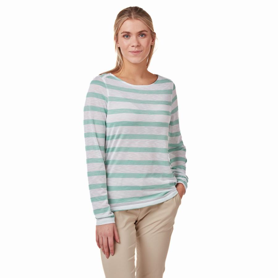 Turquoise Stripes Craghoppers NosiLife Erin Long Sleeved Women's T-Shirts | EPN1360UT