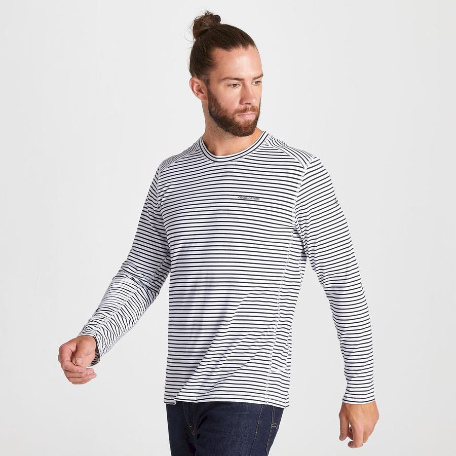 White Stripes Craghoppers NosiLife Talen Long Sleeved Men's T-Shirts | CMX9463TO